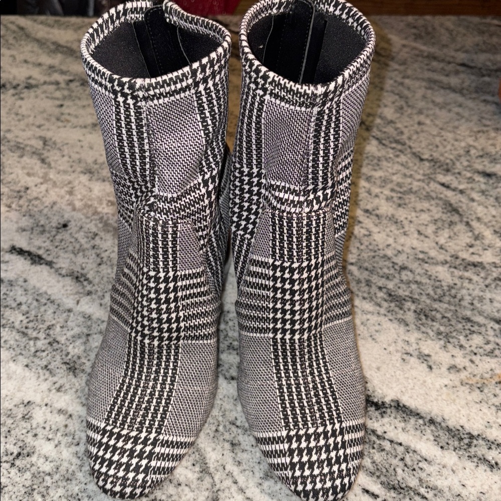 Aldo Black and White Plaid Block Heel Boots